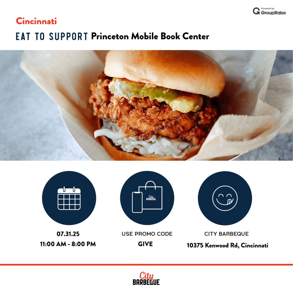 Eat to Support Princton Mobile Book Center with image of sandwich. 7/31/2025 from 11-8, Kenwood Rd
