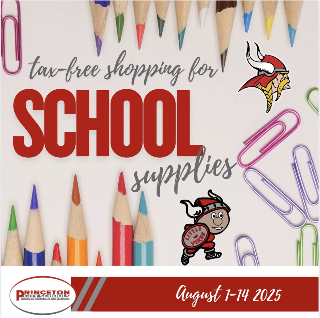 Tax free shopoing for School Supplies, August 1-14 with PCSD logos, oval, Little Vike and Viking head