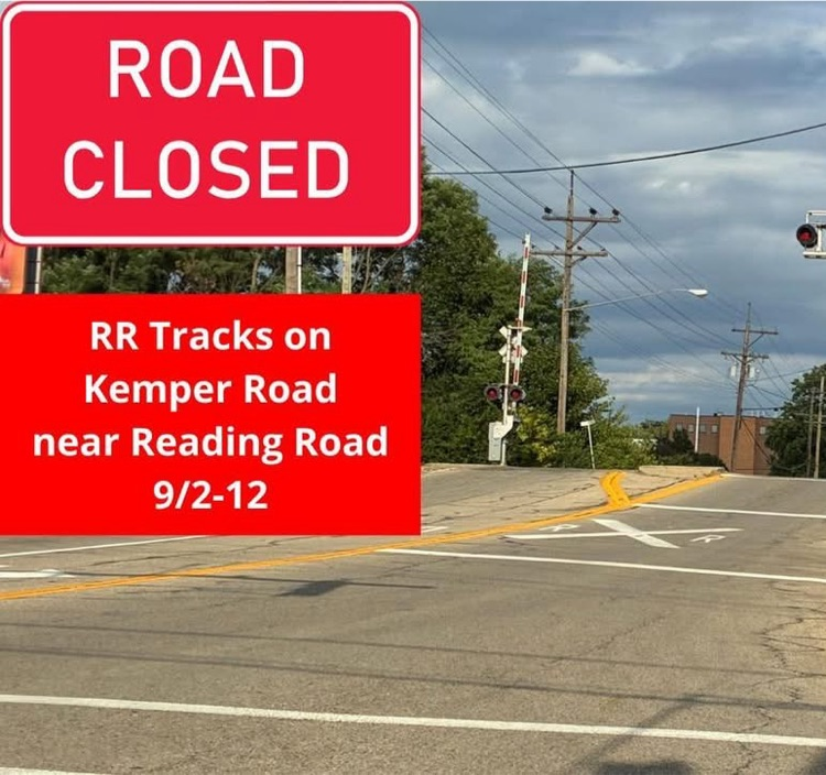 road closed at train tracks shown here at Hauck and Reading