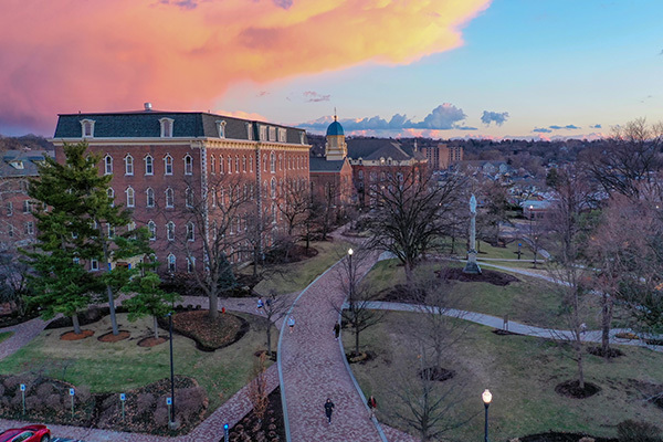 The University of Dayton at sunset from an aerial viewpoint
