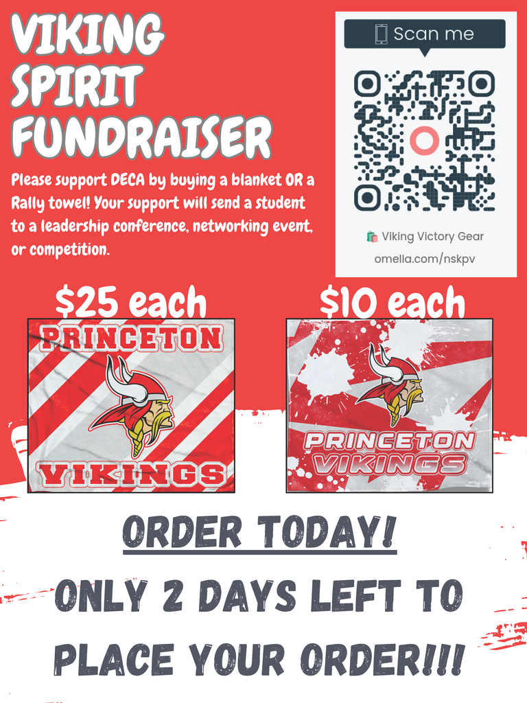 📣 Princeton DECA is excited to offer Viking blankets and rally towels as part of our fundraising efforts! ❤️These high-quality, cozy blankets are perfect for showing school spirit at games, events, or at home.  🌟 Price: $25 for blankets & $10 for rally towels  🌟 Order Link: https://omella.com/nskpv (Credit card purchases) ONLY 2 Days left to place your order