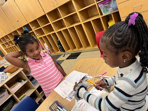 Pre K friends writing together