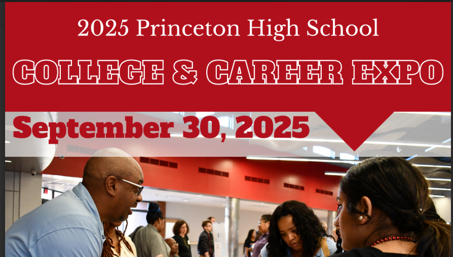 2025 Princeton High School College & Career Expo, September 30, 2025 with photo of students sepaking with college reps