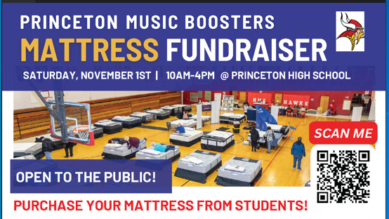 Princeton Music Boosters Mattress Fundraiser sale information with dates, qr code and photos of mattresses