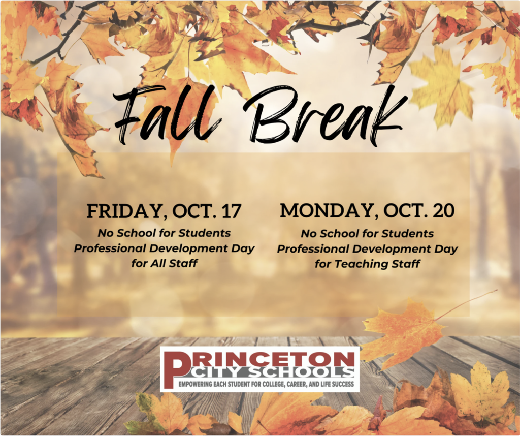 There is no school for students on Friday, October 17, 2025, or Monday, October 20, 2025. We look forward to seeing all students back in school on Tuesday, October 21, 2025. Graphic with fall leaves of yellow and orange and a wooden table.