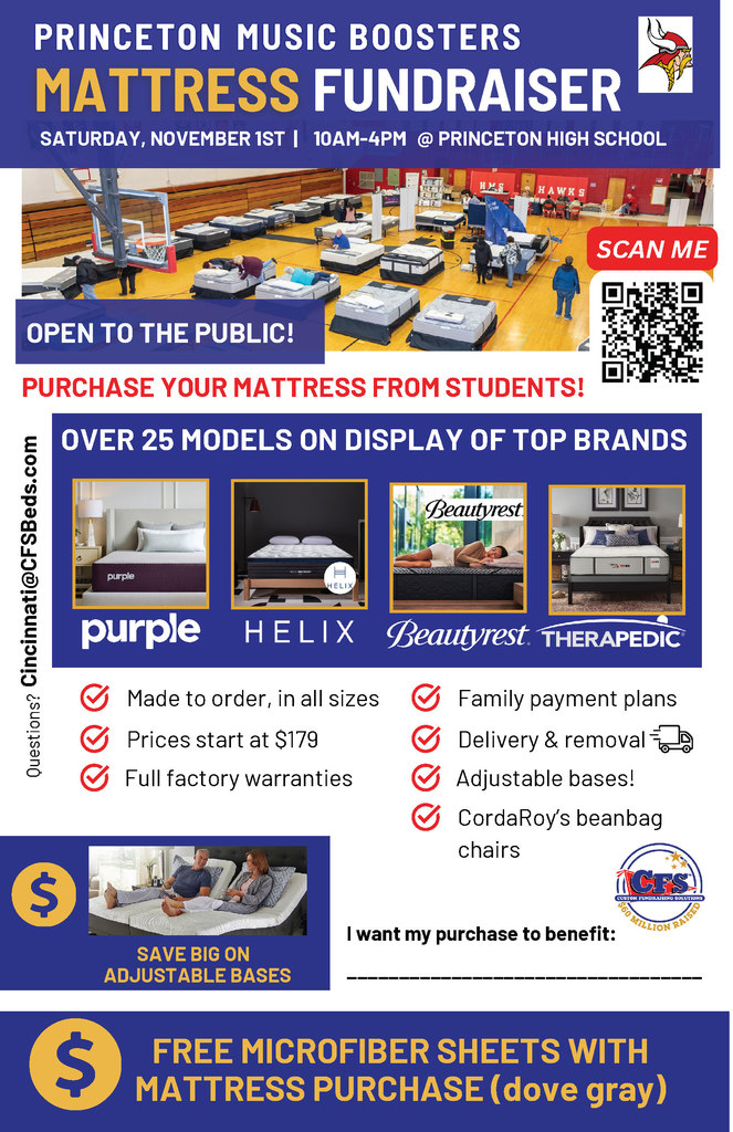 🎵 Support Princeton Music Boosters – Buy a Mattress! 📅 Saturday, November 1st | 10am-4pm | Princeton High School 💬 Parents, please text everyone you know this referral flyer and sample message: “If you need a mattress, call me — I’ll tell you how to get a great one and support my student!”. Please 📝RSVP HERE to earn $1 toward the group’s bonus (max $500)!! 📎 Flyer & Parent Letter Attached 📍 Event Info: FB EVENT LINK: RSVP “GOING” to earn ANOTHER $1 toward the Music Boosters’ bonus! 📺 See what to expect: VIDEO LINK Together we’ll hit our goal — thank you! Images of mattresses with logos