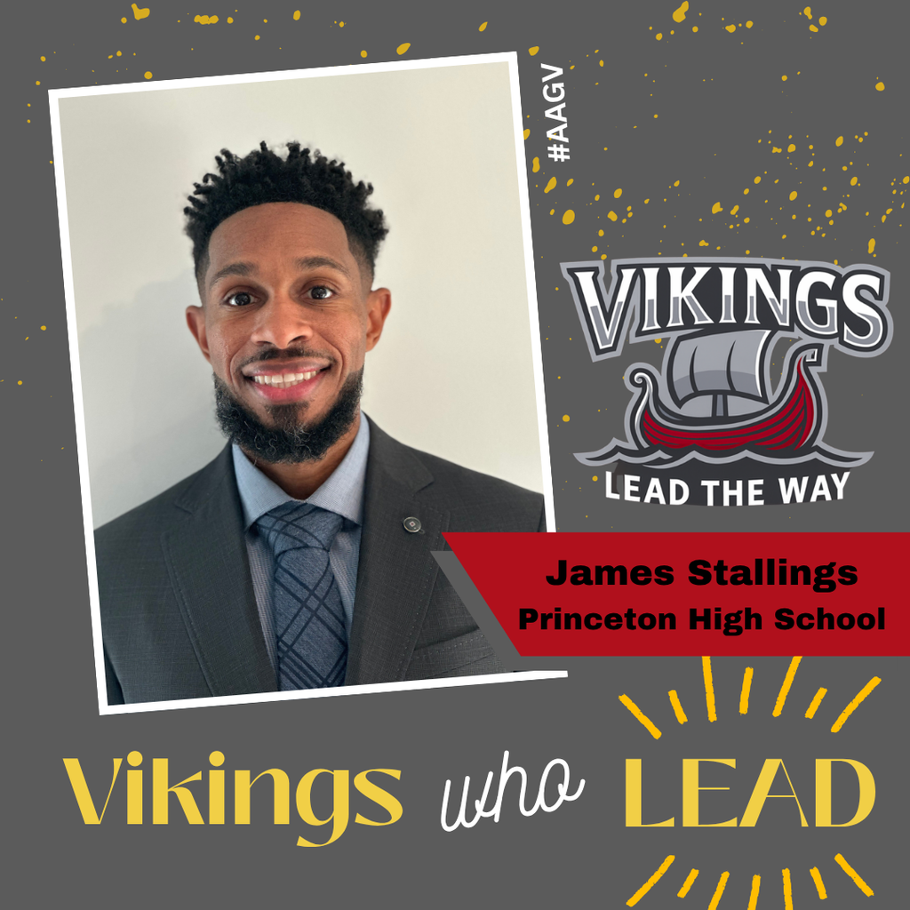 Here's alt text for this graphic: "Professional headshot photograph of James Stallings from Princeton High School wearing a dark suit and blue tie, smiling at the camera. The image is displayed in a tilted white frame against a gray background decorated with gold confetti. The Vikings logo featuring a viking ship with 'Lead The Way' motto appears in the top right. Text at bottom reads 'Vikings who LEAD' with 'Vikings' and 'LEAD' in gold and 'who' in white script. A red banner identifies 'James Stallings, Princeton High School.' Hashtag #AAGY appears vertically along the right edge."
