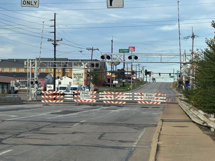 railroad crossing on Sharon Road, with four blockades