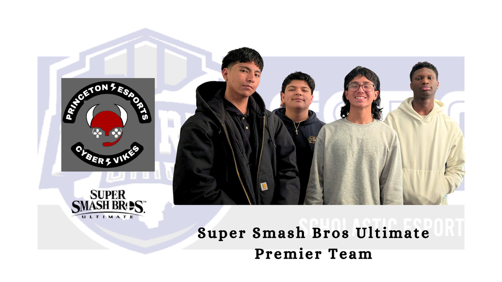 Logo of hte Princeton Esports Cyber vikes with the viking head and game controller and the super smash bros ultimate logo.  Photo of the Super Smash Bros Ultiate Premier Team and esports ohio logo in the back ground