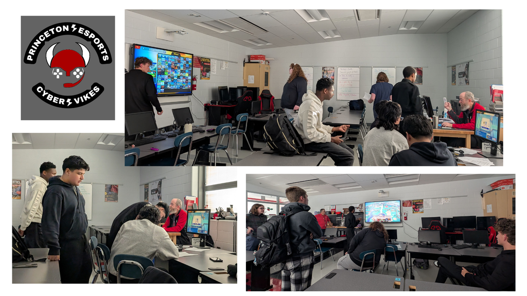 Princeton esports Cyber Vikes logo with viking head and game controller, 2 photos of students playing hte games in Mr. Sullivans room