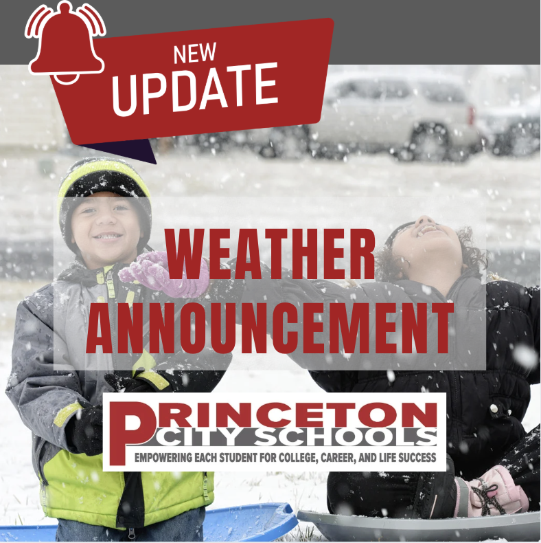New Update - Weather Announcement; PCSD logo, two young children playing on sleds as snow falls down