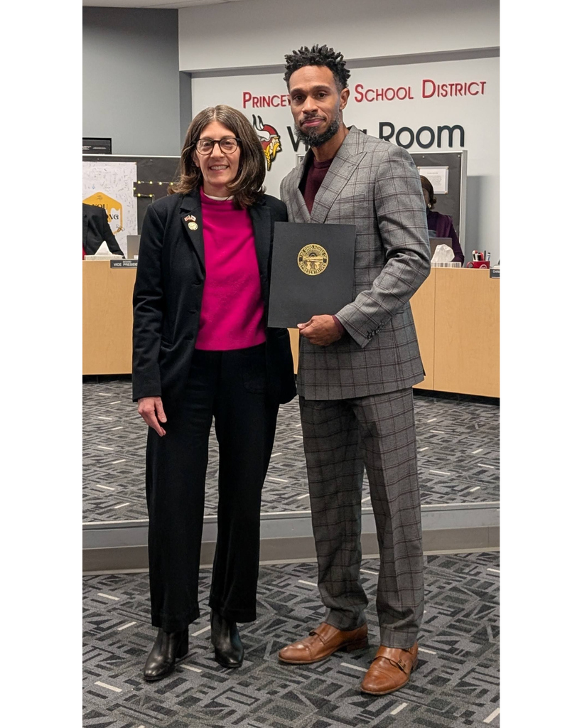 Princeton High School Principal James Stalling received a Letter of Commendation from the Ohio House of Representatives during the Board of Education meeting, photo wtih Representative Karen Brownlee