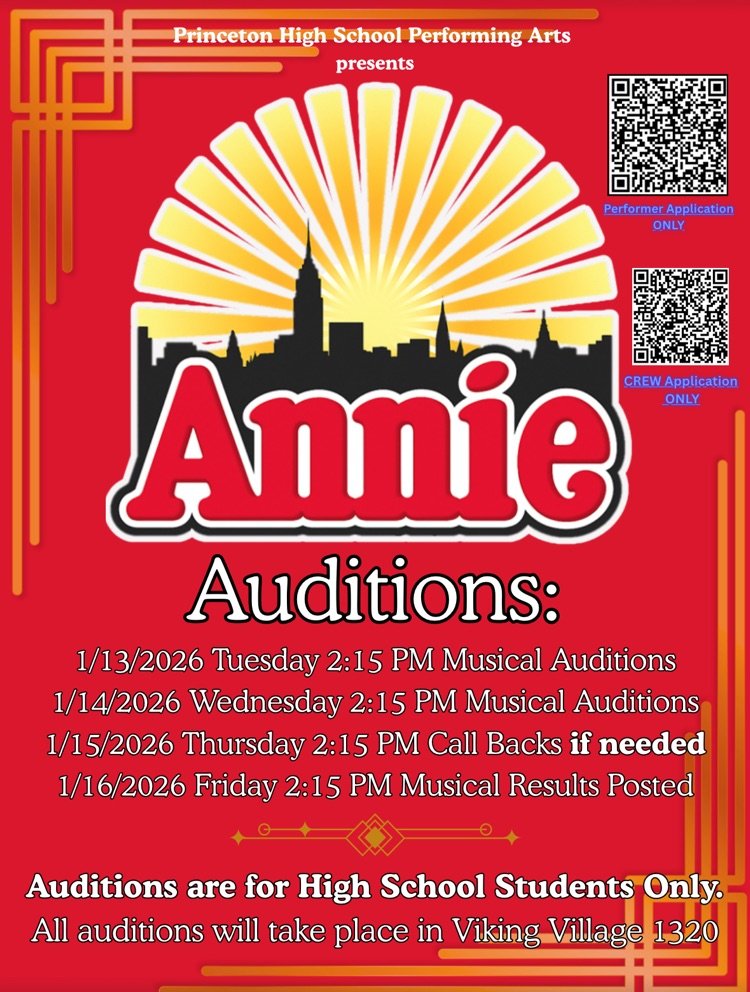 Poster for Princeton High School's musical production "Annie." Red and yellow art deco design with city skyline. Details for auditions on January 13th, 14th, 15th, and 16th, 2026, at 2:15 PM in Viking Village 1320.