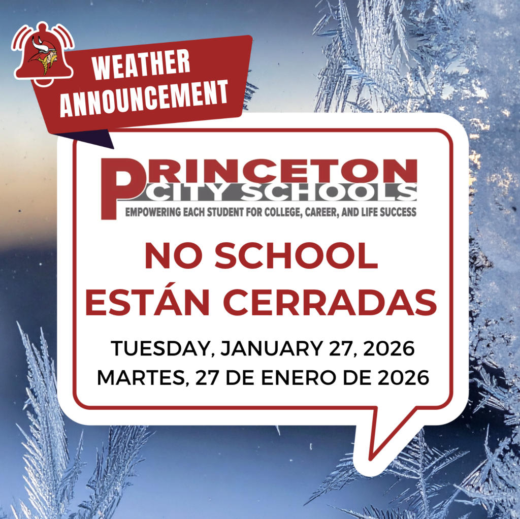 Princeton City School District will be CLOSED on Tuesday, January 27, 2026. All school-related activities and programs are canceled. Please stay safe and continue to monitor district communications, including school websites and social media, for updates. Enjoy your SNOW DAY! #AAGV
