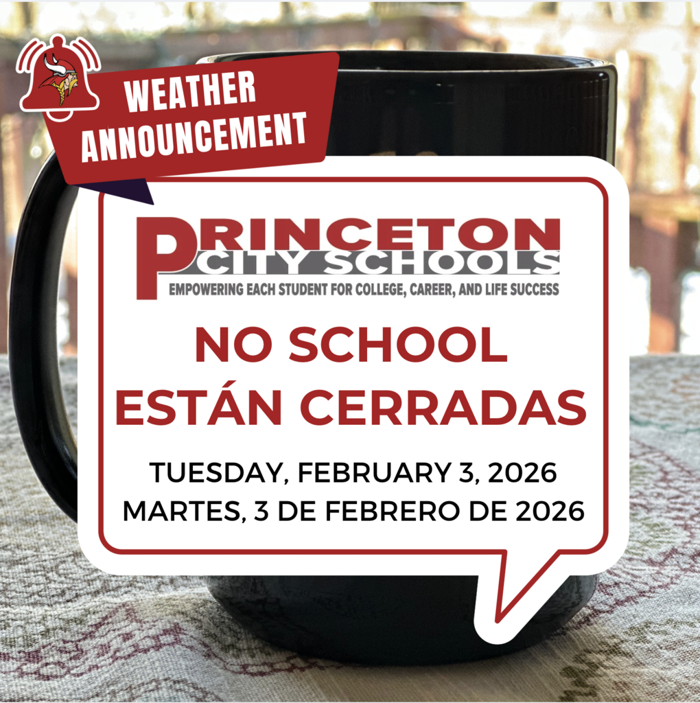 No School Snow Day Tuesday, Feb. 3 graphic in English and Spanish