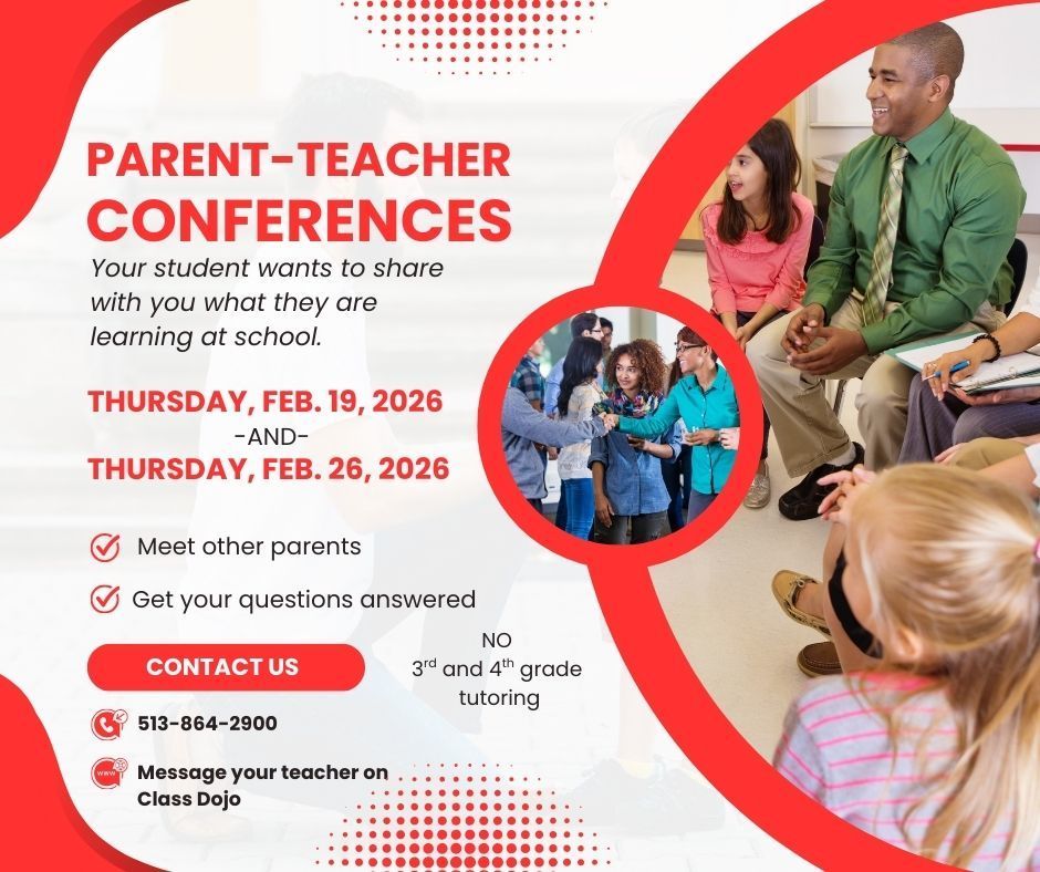 Parent-Teacher Conferences on Feb. 19, 2026 and Feb. 26, 2026 from 4:00 p.m. to 8:00 p.m. at Woodlawn Elementary School. Please contact your teacher on Class Dojo or call the school. No 3rd grade and 4th grade tutoring.