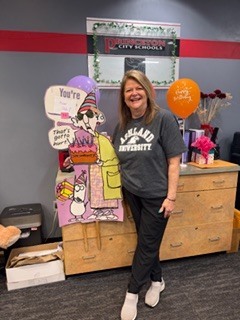 picture of school secretary with birthday decoations