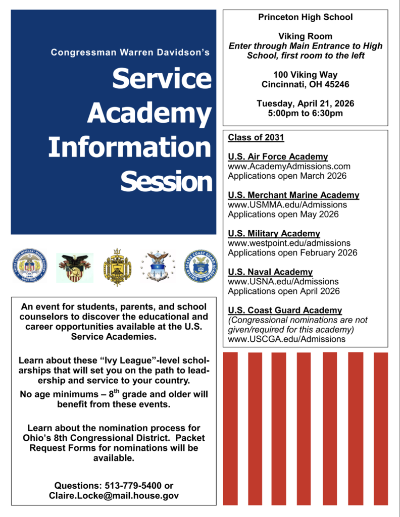 Service academy info session flyer with event details for April 21, 2026 at Princeton High School in Cincinnati.