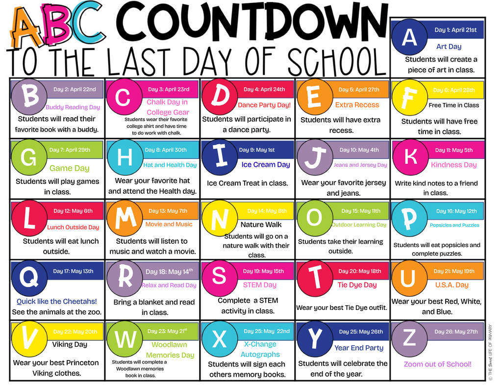 ABC Countdown to the last day of school. Let's celebrate the final 26 days of school with themed activities (e.g., A=Art Day), special dress-up days, and snacks to mark the countdown to summer.