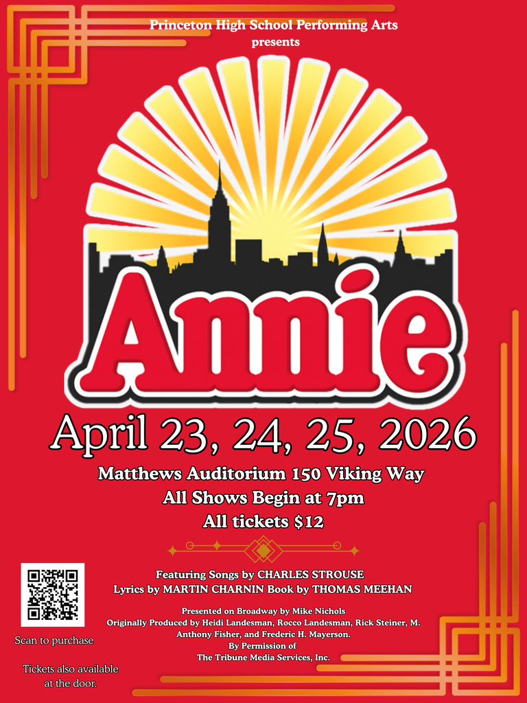 Red poster for "Annie" by Princeton High School, featuring a skyline and sunburst design. Includes show dates, April 23-25, 2026, 7pm, $12 tickets.