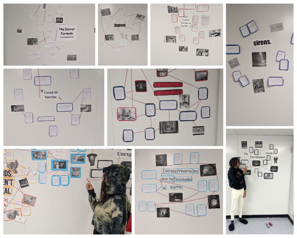 Collage of 9 photos: High school students building 'Web of Truth' evidence boards. Images show students using red string to connect photos and documents using Claim, Evidence, and Reasoning frameworks.