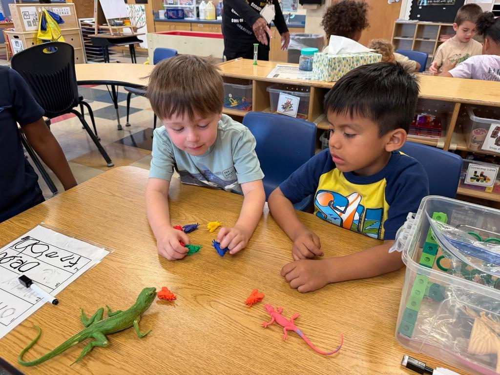 people at a table with plastic toys