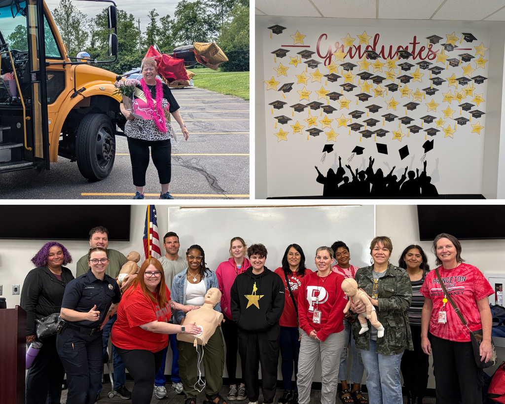 A picture of one of the schools retiring bus drivers. A picture of the Innovation center wall displaying the list of this year's graduates. A picture of a group photo of the Innovation Center faculty after completing CPR certification.