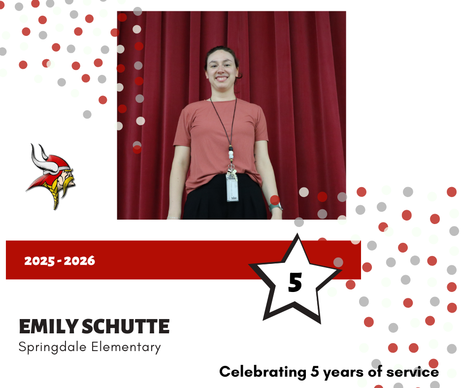 Portrait of Emily Schutte, Springdale Elementary, recognized for 5 years of service.