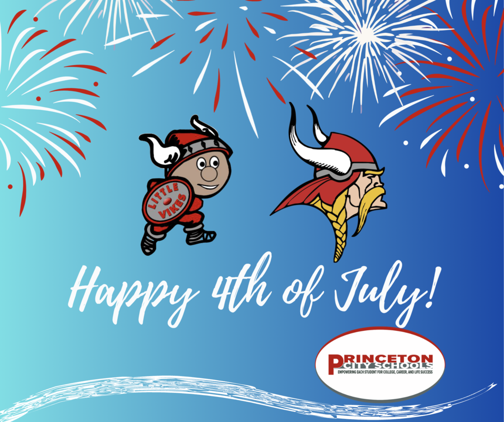 This is a festive, well-balanced Independence Day graphic. The fireworks, Little Vikes mascot, Viking logo, and Princeton Schools branding all reinforce school pride.