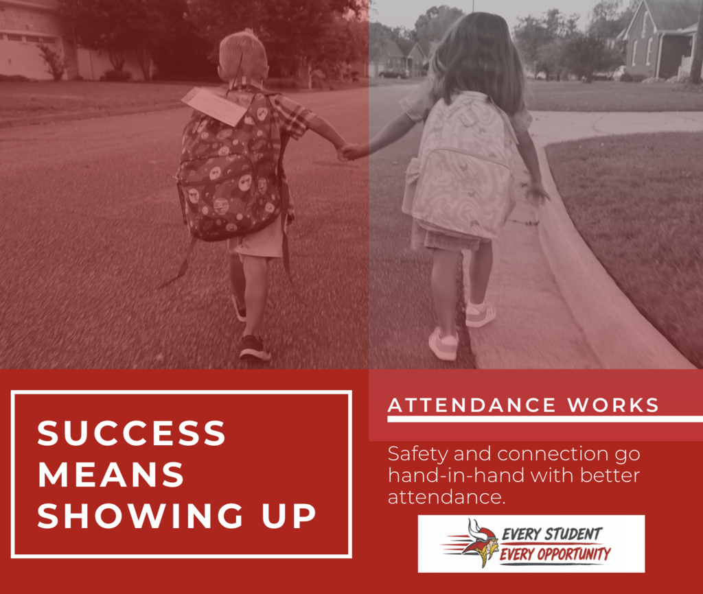 Attendance Works graphic featuring two elementary students wearing backpacks and walking through a neighborhood. Text reads, “Success means showing up. Safety and connection go hand-in-hand with better attendance.” Every Student, Every Opportunity logo appears at the bottom.