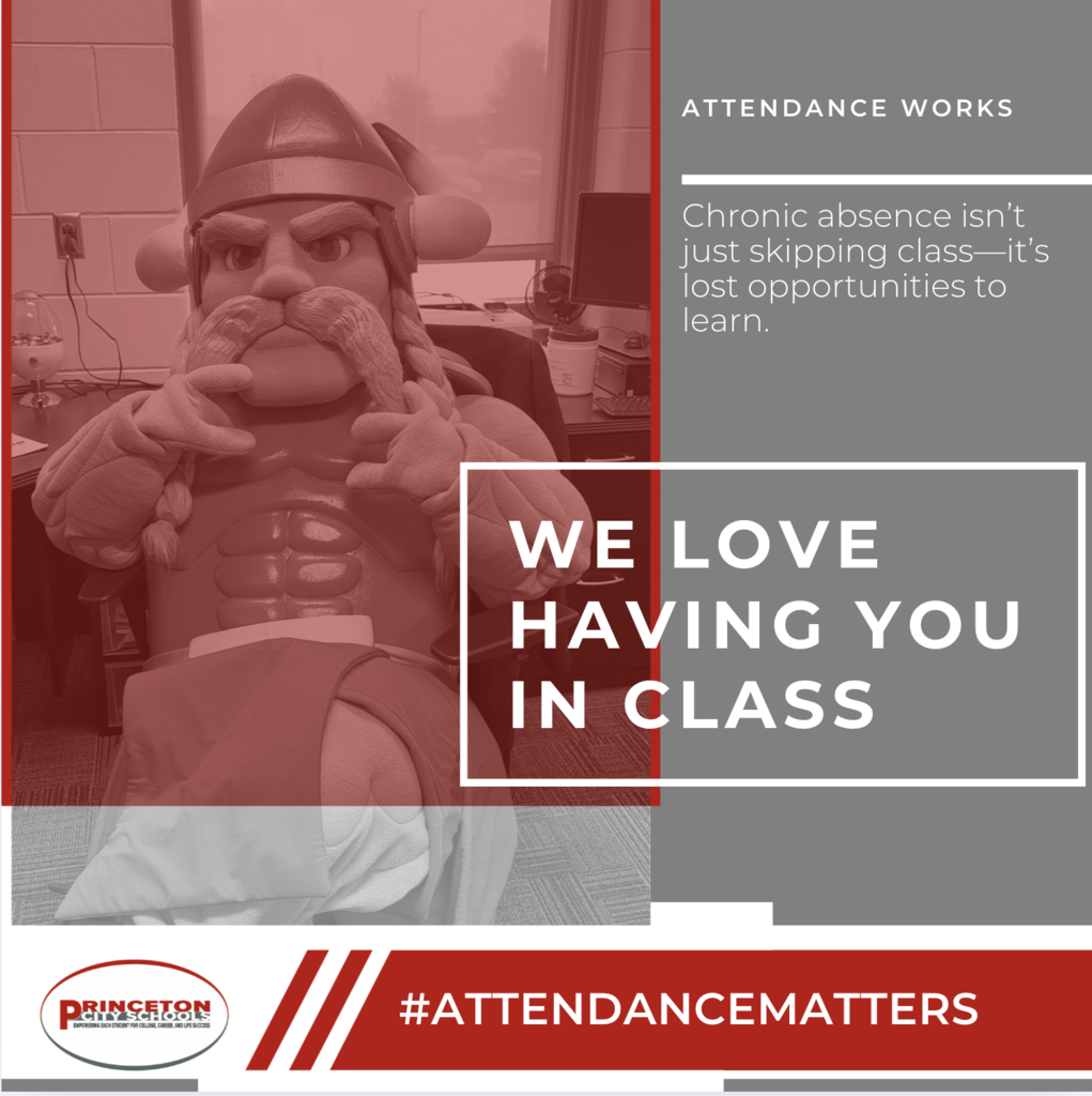 Attendance Matters graphic featuring the Princeton Viking mascot pointing toward the viewer. Text reads, “Attendance Works. Chronic absence isn’t just skipping class—it’s lost opportunities to learn. We love having you in class.” Princeton City Schools logo and #AttendanceMatters appear at the bottom.