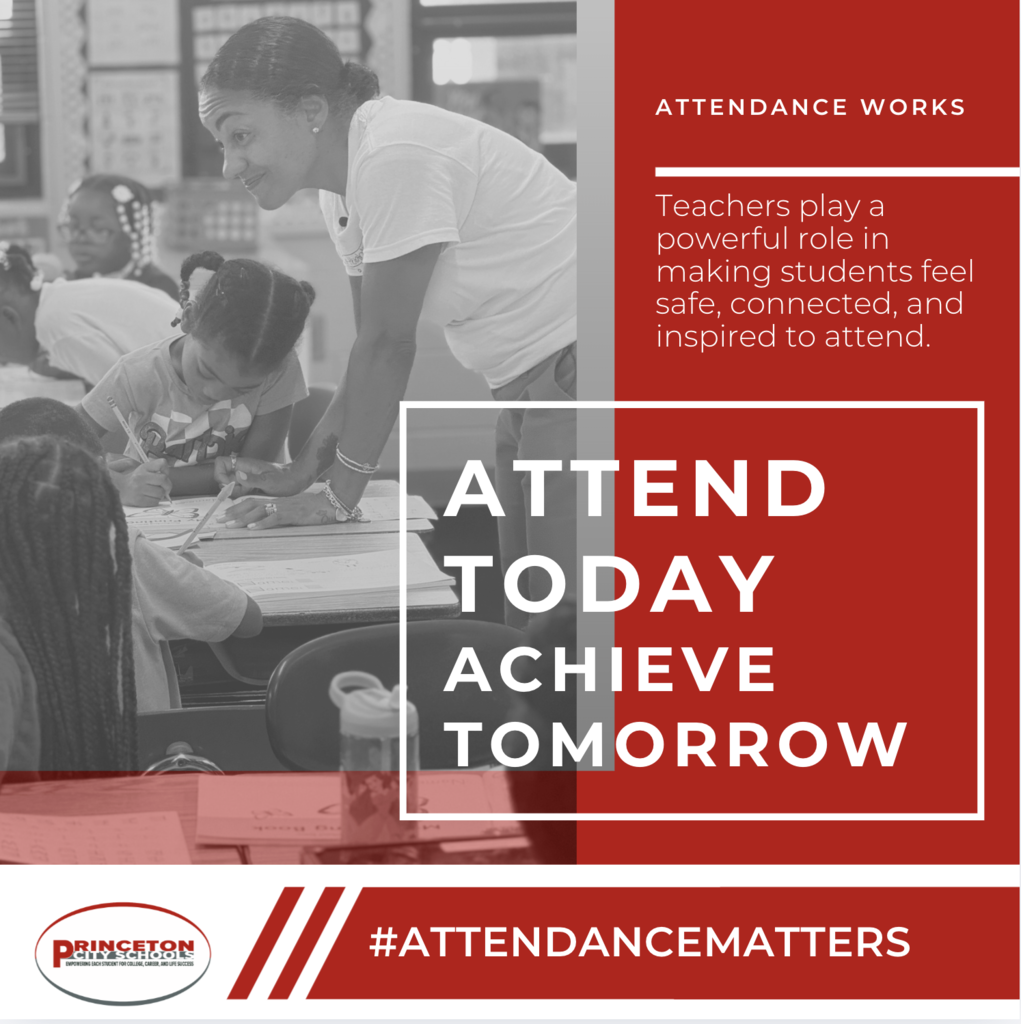 Attendance Matters graphic featuring a teacher assisting elementary students with classroom work. Text reads, “Attendance Works. Teachers play a powerful role in making students feel safe, connected, and inspired to attend. Attend today. Achieve tomorrow.” Princeton City Schools logo and #AttendanceMatters appear at the bottom.