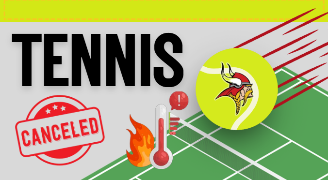 Tennis with graphic of court and large tennis ball with Viking head logo, hot temp and canceled mark