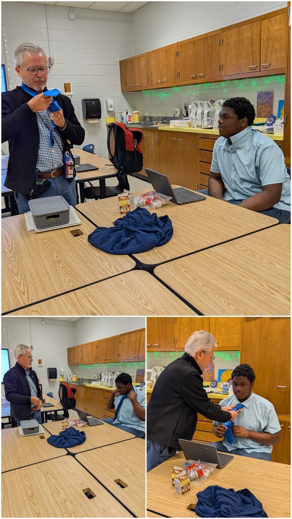 Mr. Delgado helping a student put on a tie