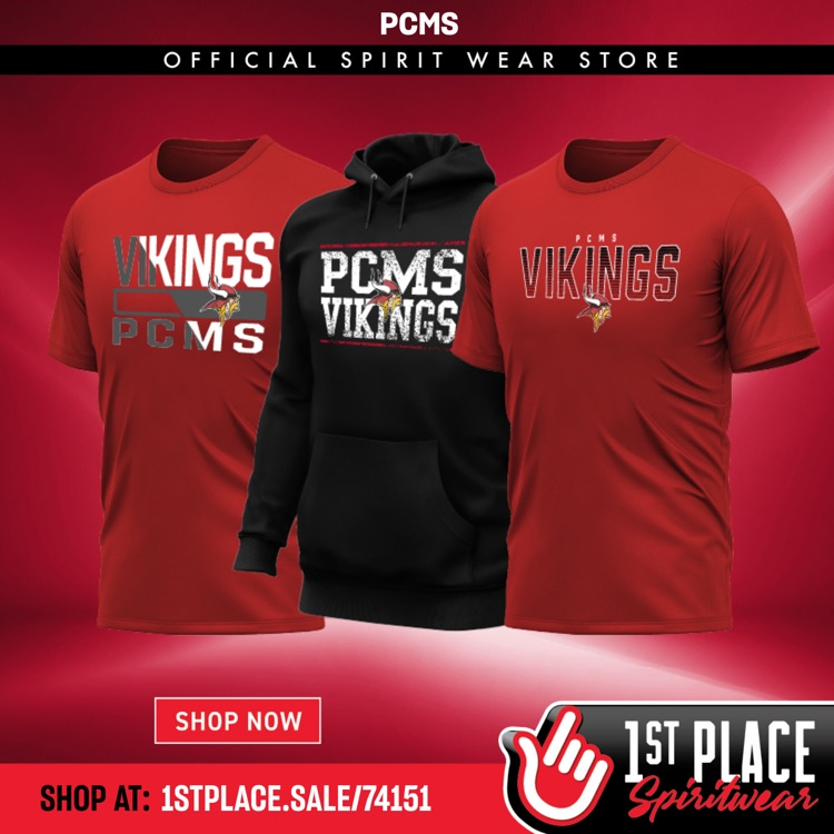 promotional flyer for PCMS spirit wear showing t-shirts