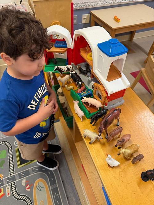 student playing with plastic farm animals