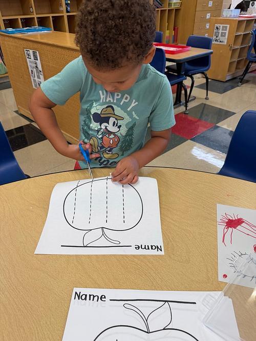 One student cutting paper