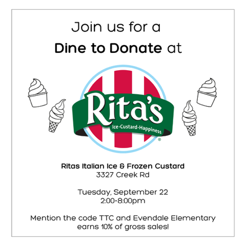 Flyer for an Evendale Elementary Dine to Donate fundraiser at Rita’s Italian Ice & Frozen Custard, 3327 Creek Road, on Tuesday, September 22, from 2:00 to 8:00 p.m. Mention code TTC when ordering, and Evendale Elementary will receive 10% of gross sales.