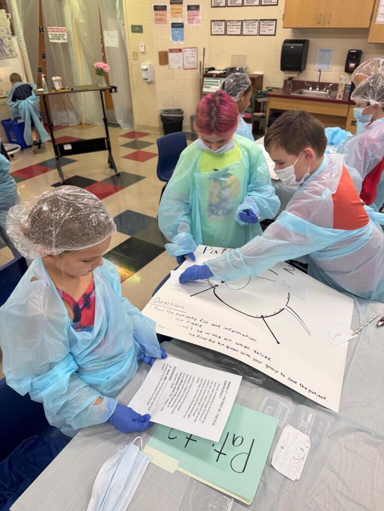 people in a classroom dressed in surgeon outfits