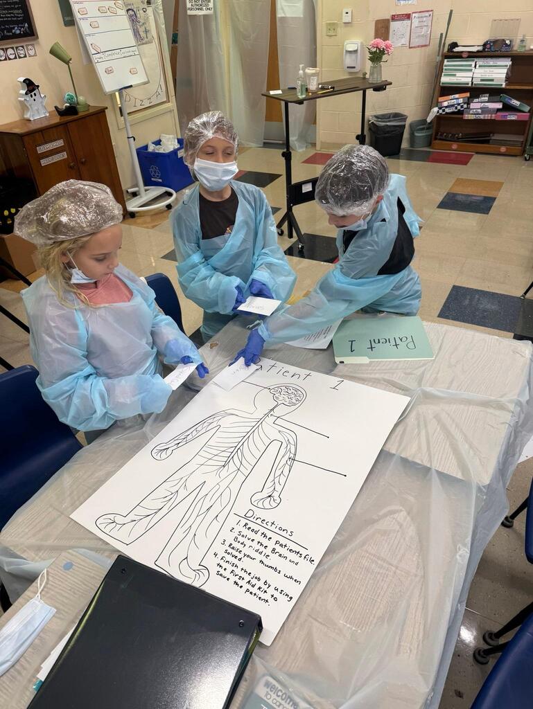 people in a classroom dressed in surgeon outfits
