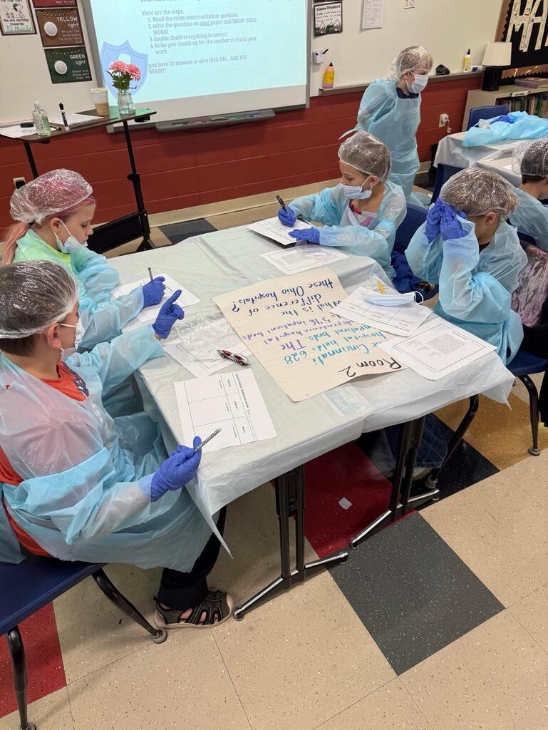 people in a classroom dressed in surgeon outfits