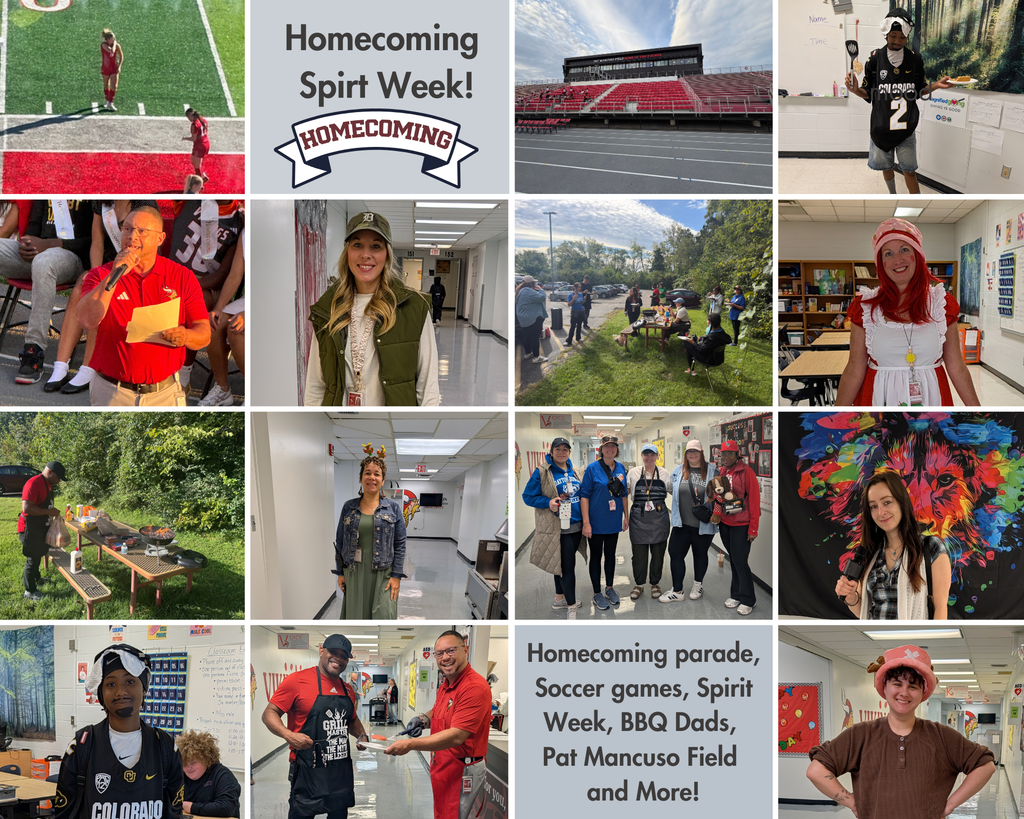 A photo collage featuring Spirit Week and Homecoming highlights: an IC soccer player on the field, a scenic view of Pat Mancuso Field, students and staff dressed in Spirit Week costumes as favorite characters, "BBQ Dads," and "Soccer Moms," employees enjoying an outdoor BBQ lunch, and the principal speaking into a microphone during the parade.