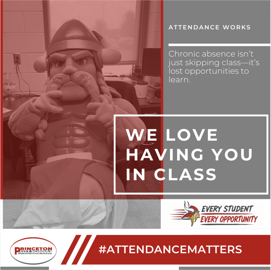 Attendance Matters graphic featuring the Princeton Viking mascot pointing toward the viewer. Text reads, “Attendance Works. Chronic absence isn’t just skipping class—it’s lost opportunities to learn. We love having you in class.” Princeton City Schools logo and #AttendanceMatters appear at the bottom.