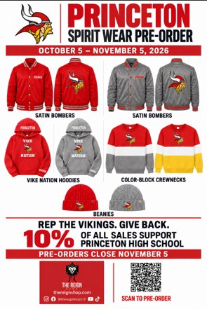 Princeton Spirit Wear pre-order flyer showcases red-and-gray Vikings jackets, hoodies, crewnecks, and beanies. Sales support Princeton High School; bold, spirited design.