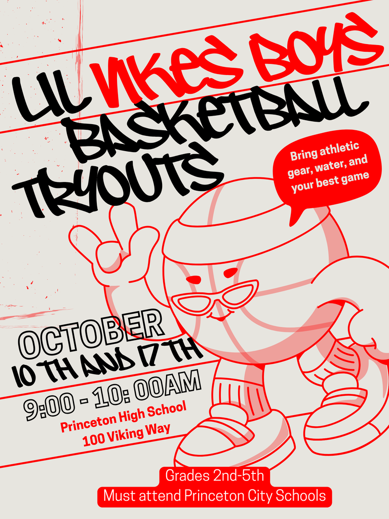A lively red-and-black poster features a smiling basketball mascot and advertises Lil’ Vikings boys’ tryouts, Oct. 10–11, 9–10 a.m., grades 2–5.