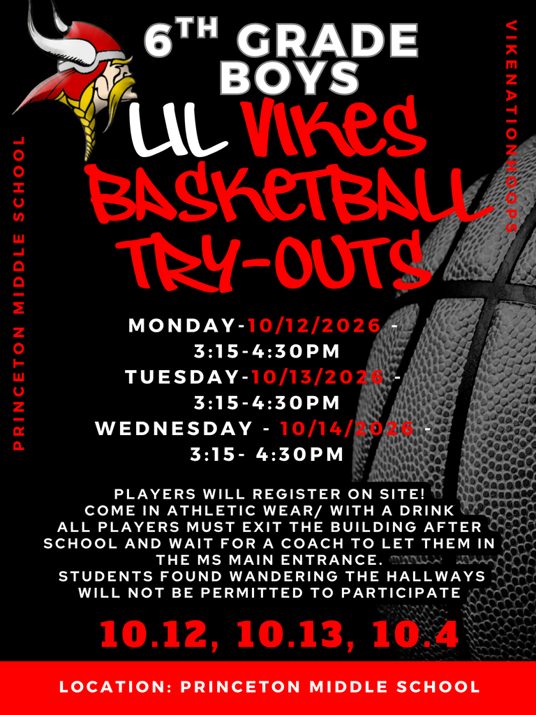 Poster announcing Princeton Middle School sixth-grade boys’ “Lil Vikes” basketball tryouts, with dates, times, registration details, and location in bold red and white lettering on a black background.
