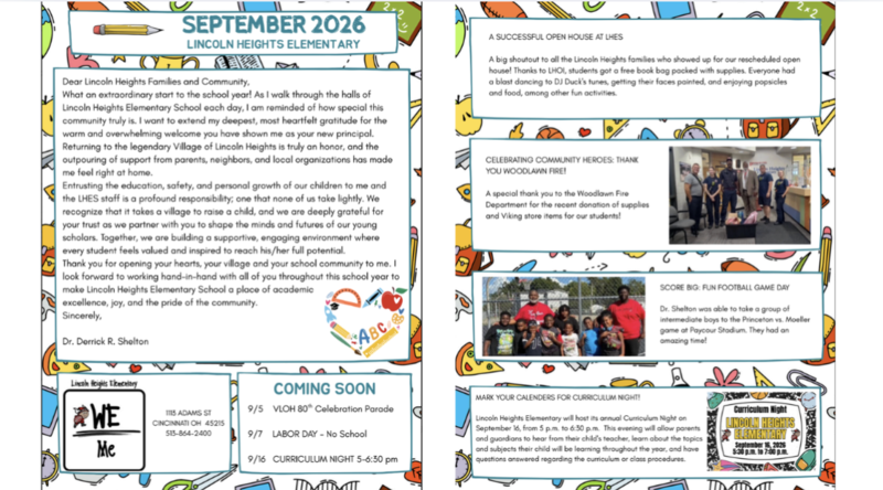 September 2026 newsletter page for Lincoln Heights Elementary with a welcome letter from Principal Dr. Derrick R. Shelton, school contact info, and a 'Coming Soon' list of dates