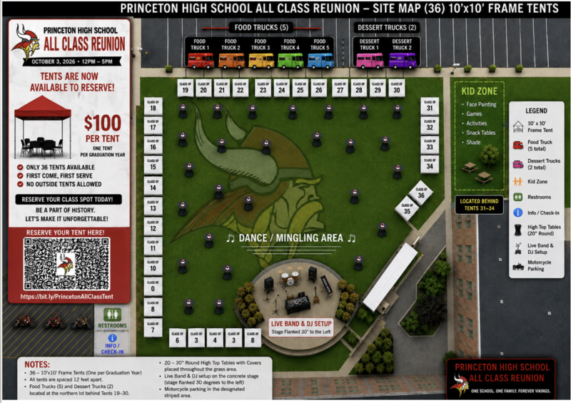Site map for the Princeton High School All Class Reunion on October 3, 2026, from noon–5 p.m.