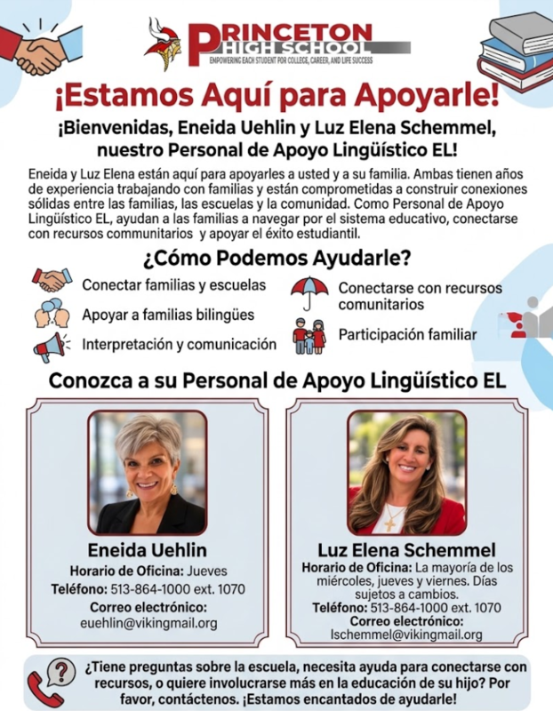 Educational flyer from Princeton High School introducing EL Language Support Personnel Eneida Uehlin  and Luz Elena Schemmel with their headshots in Spanish
