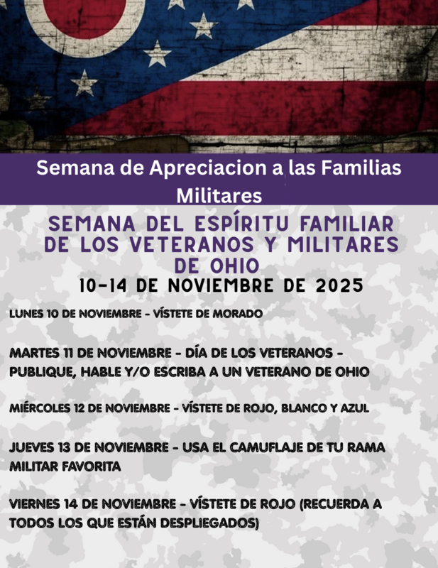semana de apreciacion a las familias militares- military families spirit week, days and what to wear in spanish- image of an ohio flag on rough wooden background- purple and black lettering